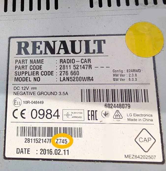 Sat Nav serial label – highlighted code Z745