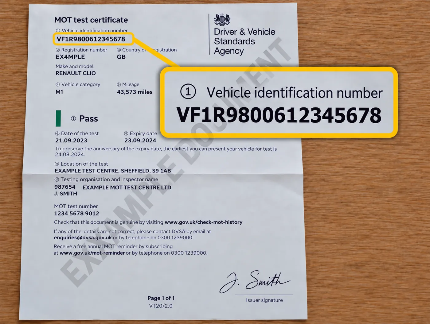 MOT test certificate VIN example